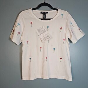 Denim & Co. Women's Medium White Embroidered Floral Short Sleeve Top Shirt